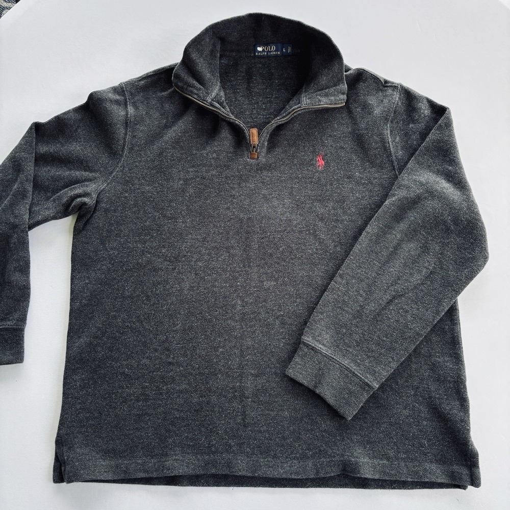 Ralph Lauren Dark Charcoal Gray Quarter-Zip Polo with Red Pony Logo - Picture 2 of 16